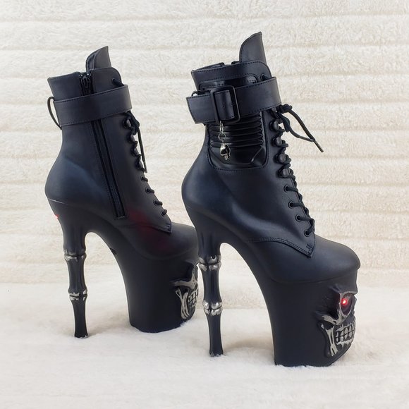 8" Finger bone Heel 4" Skull Platform Ankle Boots W Static Lighted Eyes Vortex